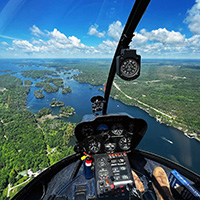 The St. Lawrence River as seen from inside a helicopter.