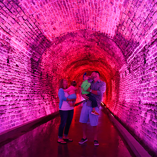 A family of four stand in an old railway tunnel lit up with bright pink lights.