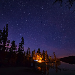 A campfire lights up a night sky filled with stars.