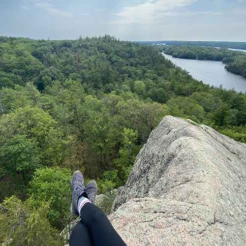 A hiker overlooks a forest with river winding through the trees.