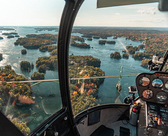 The St. Lawrence River in the fall as seen from in a helicopter.