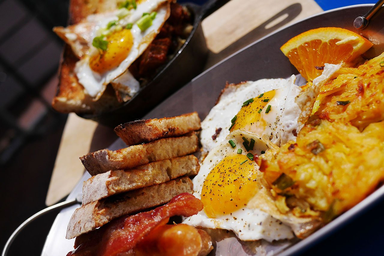 A hearty breakfast of bacon and eggs.